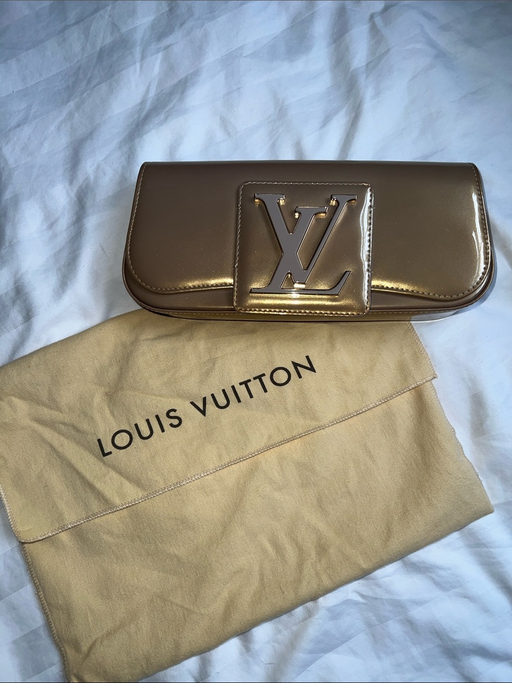 Louis Vuitton Shiny Gold Patent LV-Emblem Clutch
